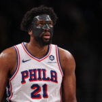 Joel Embiid Jan 4, 2025; Brooklyn, New York, USA; Philadelphia 76ers center Joel Embiid (21) looks up during the second half against the Brooklyn Nets at Barclays Center.