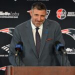 Jan 13, 2025; Foxborough, MA, USA; Mike Vrabel addresses media at a press conference to announce his hiring as the New England Patriots head coach at Gillette Stadium.