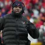 Jan 18, 2025; Kansas City, Missouri, USA; Houston Texans head coach DeMeco Ryans reacts during the third quarter of a 2025 AFC divisional round game against the Kansas City Chiefs at GEHA Field at Arrowhead Stadium.