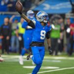 Detroit Lions wide receiver Jameson Williams (9) celebrates in the first half against the Washington Commanders in the NFC divisional round at Ford Field in Detroit on Saturday, Jan. 18, 2025.