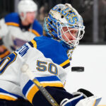 Jan 20, 2025; Las Vegas, Nevada, USA; St. Louis Blues goaltender Jordan Binnington (50) warms up before a game against the Vegas Golden Knights at T-Mobile Arena. Mandatory Credit: Stephen R. Sylvanie-Imagn Images