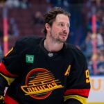 Jan 25, 2025; Vancouver, British Columbia, CAN; Vancouver Canucks forward J.T. Miller (9) skates during warm up prior to a game against the Washington Capitals at Rogers Arena. Mandatory Credit: Bob Frid-Imagn Images