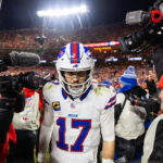 Jan 26, 2025; Kansas City, MO, USA; Buffalo Bills quarterback Josh Allen (17) reacts as he walks off the field after losing to the Kansas City Chiefs during the AFC Championship game at GEHA Field at Arrowhead Stadium. Mandatory Credit: Mark J. Rebilas-Imagn Images