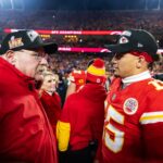 Jan 26, 2025; Kansas City, MO, USA; Kansas City Chiefs head coach Andy Reid (left) with quarterback Patrick Mahomes (15) after defeating the Buffalo Bills in the AFC Championship game at GEHA Field at Arrowhead Stadium. Mandatory Credit: Mark J. Rebilas-Imagn Images