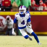 Jan 26, 2025; Kansas City, MO, USA; Buffalo Bills running back James Cook (4) against the Kansas City Chiefs during the AFC Championship game at GEHA Field at Arrowhead Stadium.