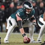 Jan 26, 2025; Philadelphia, PA, USA; Philadelphia Eagles center Cam Jurgens (51) against the Washington Commanders in the NFC Championship game at Lincoln Financial Field. Mandatory Credit: Eric Hartline-Imagn Images