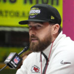 Feb 3, 2025; New Orleans, LA, USA; Kansas City Chiefs tight end Travis Kelce (87) during Super Bowl LIX Opening Night at Ceasars Superdome. Mandatory Credit: Kirby Lee-Imagn Images