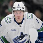 Jan 31, 2025; Dallas, Texas, USA; Vancouver Canucks right wing Brock Boeser (6) in action during the game between the Dallas Stars and the Vancouver Canucks at the American Airlines Center. Mandatory Credit: Jerome Miron-Imagn Images