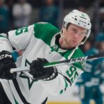 Harley no 4 Nations Face-Off - Feb 8, 2025; San Jose, California, USA; Dallas Stars defenseman Thomas Harley (55) warms up before the game against the San Jose Sharks at SAP Center at San Jose. Mandatory Credit: Robert Edwards-Imagn Images