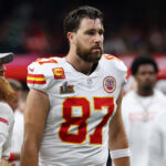 Feb 9, 2025; New Orleans, LA, USA; Kansas City Chiefs tight end Travis Kelce (87) walks off the field at the end of the first half of Super Bowl LIX at Caesars Superdome.