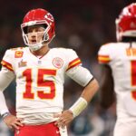 Feb 9, 2025; New Orleans, LA, USA; Kansas City Chiefs quarterback Patrick Mahomes (15) reacts in the fourth quarter against the Philadelphia Eagles in Super Bowl LIX at Ceasars Superdome. Mandatory Credit: Mark J. Rebilas-Imagn Images