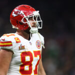 Feb 9, 2025; New Orleans, LA, USA; Kansas City Chiefs tight end Travis Kelce (87) reacts in the fourth quarter against the Philadelphia Eagles in Super Bowl LIX at Ceasars Superdome. Mandatory Credit: Mark J. Rebilas-Imagn Images