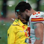 Feb 9, 2025; New Orleans, LA, USA; Kansas City Chiefs tight end Travis Kelce (87) reacts after the losing to the Philadelphia Eagles in Super Bowl LIX at Caesars Superdome. Mandatory Credit: Kirby Lee-Imagn Images