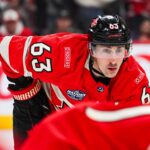 Feb 12, 2025; Montreal, Quebec, CAN; [Imagn Images direct customers only] Team Canada forward Brad Marchand (63) waits for a face-off against Team Sweden in the first period during a 4 Nations Face-Off ice hockey game at Bell Centre. Mandatory Credit: David Kirouac-Imagn Images