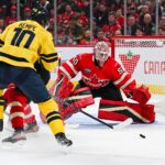Feb 12, 2025; Montreal, Quebec, CAN; [Imagn Images direct customers only] Team Sweden forward Adrian Kempe (10) shoots against Team Canada goalie Jordan Binnington (50) in the second period during a 4 Nations Face-Off ice hockey game at Bell Centre. Mandatory Credit: David Kirouac-Imagn Images