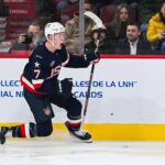 Feb 13, 2025; Montreal, Quebec, CAN; [Imagn Images direct customers only] Team USA forward Brady Tkachuk (7) celebrates his goal against Team Finland in the third period during a 4 Nations Face-Off ice hockey game at Bell Centre. Mandatory Credit: David Kirouac-Imagn Images