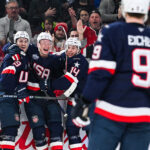 Feb 13, 2025; Montreal, Quebec, CAN; [Imagn Images direct customers only] Team USA forward Brady Tkachuk (7) celebrates with his teammates his goal against Team Finland in the third period during a 4 Nations Face-Off ice hockey game at Bell Centre. Mandatory Credit: David Kirouac-Imagn Images