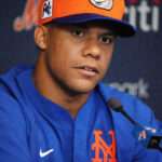 Feb 16, 2025; Port St. Lucie, FL, USA; New York Mets outfielder Juan Soto (22) addresses the media at spring training.