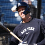 Feb 17, 2025; Tampa, FL, USA; New York Yankees outfielder Aaron Judge (99) smiles during spring training batting practice at George M. Steinbrenner Field. Mandatory Credit: Dave Nelson-Imagn Images