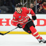Feb 17, 2025; Boston, MA, USA; [Imagn Images direct customers only] Team Canada forward Nathan MacKinnon (29) skates in the third period during a 4 Nations Face-Off ice hockey game against Team Finland at TD Garden. Mandatory Credit: Bob DeChiara-Imagn Images