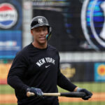 Feb 20, 2025; Tampa, FL, USA; New York Yankees outfielder Aaron Judge (99) looks on during work outs at George M. Steinbrenner Field. Mandatory Credit: Kim Klement Neitzel-Imagn Images