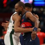 Feb 21, 2025; Washington, District of Columbia, USA; Former teammates Milwaukee Bucks forward Giannis Antetokounmpo (34) and Washington Wizards forward Khris Middleton (32) hug prior to their game at Capital One Arena.