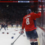Feb 23, 2025; Washington, District of Columbia, USA; Washington Capitals left wing Alex Ovechkin (8) celebrates with his son Sergei (not pictured) after scoring a hat trick goal against the Edmonton Oilers in the third period at Capital One Arena. Mandatory Credit: Geoff Burke-Imagn Images