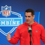 Feb 25, 2025; Indianapolis, IN, USA; New York Giants general manager Joe Schoen speaks during the NFL Scouting Combine at the Indiana Convention Center.