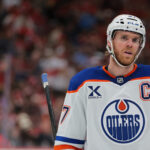 Feb 27, 2025; Sunrise, Florida, USA; Edmonton Oilers center Connor McDavid (97) looks on against the Florida Panthers during the first period at Amerant Bank Arena. Mandatory Credit: Sam Navarro-Imagn Images