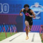 Feb 28, 2025; Indianapolis, IN, USA; South Carolina defensive back Nick Emmanwori (DB40) runs in the 40 yard dash during the 2025 NFL Combine at Lucas Oil Stadium.
