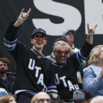 Utah Hockey Club fans celebrate a goal Pittsburgh Penguins during the second period at Delta Center.