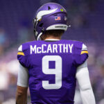 MINNEAPOLIS, MN - AUGUST 10: Minnesota Vikings quarterback J.J. McCarthy (9) warms up before the NFL preseason game between the Las Vegas Raiders and the Minnesota Vikings on August 10, 2024, at U.S. Bank Stadium in Minneapolis, MN. (Photo by Bailey Hillesheim/Icon Sportswire via Getty Images)