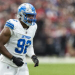 GLENDALE, ARIZONA - SEPTEMBER 22: Marcus Davenport #92 of the Detroit Lions runs during an NFL football game between the Arizona Cardinals and the Detroit Lions at State Farm Stadium on September 22, 2024 in Glendale, Arizona. (Photo by Michael Owens/Getty Images)
