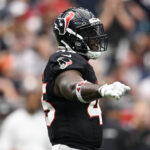 HOUSTON, TEXAS - OCTOBER 27: Devin White #45 of the Houston Texans reacts during the game against the Indianapolis Colts in the second hal at NRG Stadium on October 27, 2024 in Houston, Texas. (Photo by Jack Gorman/Getty Images)