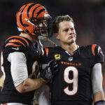 CINCINNATI, OH - DECEMBER 28: Cincinnati Bengals Quarterback Joe Burrow (9) and Cincinnati Bengals Tight End Mike Gesicki (88) react at the end of the game the NFL football game between the Denver Broncos and the Cincinnati Bengals on December 28, 2024, at Paycor Stadium in Cincinnati, Ohio. (Photo by Michael Allio/Icon Sportswire via Getty Images)