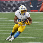 FOXBOROUGH, MA - DECEMBER 28: Los Angeles Chargers running back J.K. Dobbins (27) turns up field after catch during a game between the New England Patriots and the Los Angeles Chargers on December 28, 2024, at Gillette Stadium in Foxborough, Massachusetts. (Photo by Fred Kfoury III/Icon Sportswire via Getty Images) free agency NFL 2025