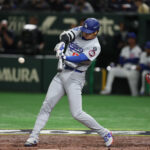 Tokyo, Japan, Tuesday, March 18, 2025 - Los Angeles Dodgers designated hitter Shohei Ohtani (17) singles in the 5th inning against the Cubs in the MLB Tokyo Series 2025, in the Tokyo Dome. (Robert Gauthier/Los Angeles Times via Getty Images)