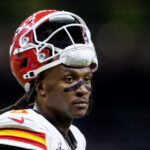 Feb 9, 2025; New Orleans, LA, USA; Kansas City Chiefs wide receiver DeAndre Hopkins (8) against the Philadelphia Eagles in Super Bowl LIX at Ceasars Superdome. Mandatory Credit: Mark J. Rebilas-Imagn Images