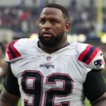 Oct 31, 2021; Inglewood, California, USA; New England Patriots nose tackle Davon Godchaux (92) reacts after the game against the Los Angeles Chargers at SoFi Stadium. The Patriots defeated the Chargers 27-24. Mandatory Credit: Kirby Lee-USA TODAY Sports Davon Godchaux