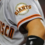 Jul 18, 2023; Cincinnati, Ohio, USA; The San Francisco Giants logo on the sleeve of right fielder Michael Conforto (8) during the fifth inning against the Cincinnati Reds at Great American Ball Park. Mandatory Credit: Katie Stratman-USA TODAY Sports
