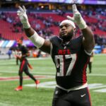 Oct 8, 2023; Atlanta, Georgia, USA; Atlanta Falcons defensive end Grady Jarrett (97) celebrates after a victory against the Houston Texans at Mercedes-Benz Stadium.