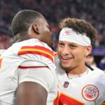 Oct 8, 2023; Minneapolis, Minnesota, USA; Kansas City Chiefs quarterback Patrick Mahomes (15) and defensive tackle Chris Jones (95) react after the game against the Minnesota Vikings at U.S. Bank Stadium. Mandatory Credit: Jeffrey Becker-USA TODAY Sports