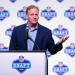 NFL Commissioner Roger Goodell speaks Aug. 14, 2023 at Johnsonville Tailgate Village in Green Bay during a promotional event for the 2025 NFL Draft, which will be held in and around Lambeau Field.