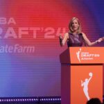 Apr 15, 2024; Brooklyn, NY, USA; WNBA commissioner Cathy Engelbert speaks before the 2024 WNBA Draft at Brooklyn Academy of Music.