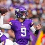 Aug 10, 2024; Minneapolis, Minnesota, USA; Minnesota Vikings quarterback J.J. McCarthy (9) passes against the Las Vegas Raiders in the second quarter at U.S. Bank Stadium. Mandatory Credit: Brad Rempel-USA TODAY Sports