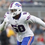 Aug 17, 2024; Pittsburgh, Pennsylvania, USA; Buffalo Bills defensive end Greg Rousseau (50) pass rushes at the line of scrimmage against the Pittsburgh Steelers during the first quarter at Acrisure Stadium.