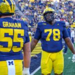 NFL Draft 2025 - Michigan defensive linemen Mason Graham (55) and Kenneth Grant (78) warm up before the start of the game against Fresno State at Michigan Stadium in Ann Arbor on Saturday, Aug. 31, 2024.