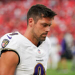 Sep 5, 2024; Kansas City, Missouri, USA; Baltimore Ravens kicker Justin Tucker (9) warms up against the Kansas City Chiefs prior to a game at GEHA Field at Arrowhead Stadium. Mandatory Credit: Denny Medley-Imagn Images