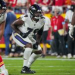 Sep 5, 2024; Kansas City, Missouri, USA; Baltimore Ravens offensive tackle Ronnie Stanley (79) at the line of scrimmage against the Kansas City Chiefs during the game at GEHA Field at Arrowhead Stadium.