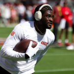 Sep 29, 2024; Santa Clara, California, USA; San Francisco 49ers wide receiver Brandon Aiyuk (11) warms up before the game against the New England Patriots at Levi's Stadium.
